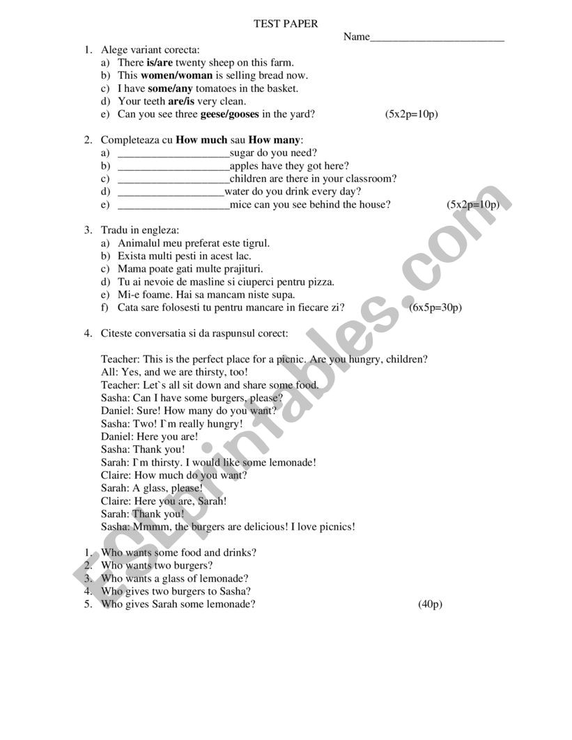 English test worksheet