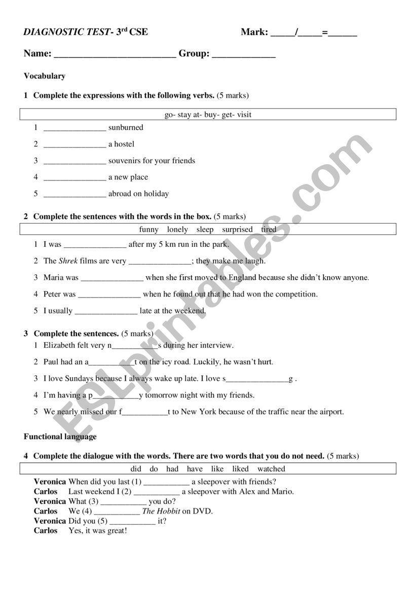 diagnostic test-1st cse worksheet