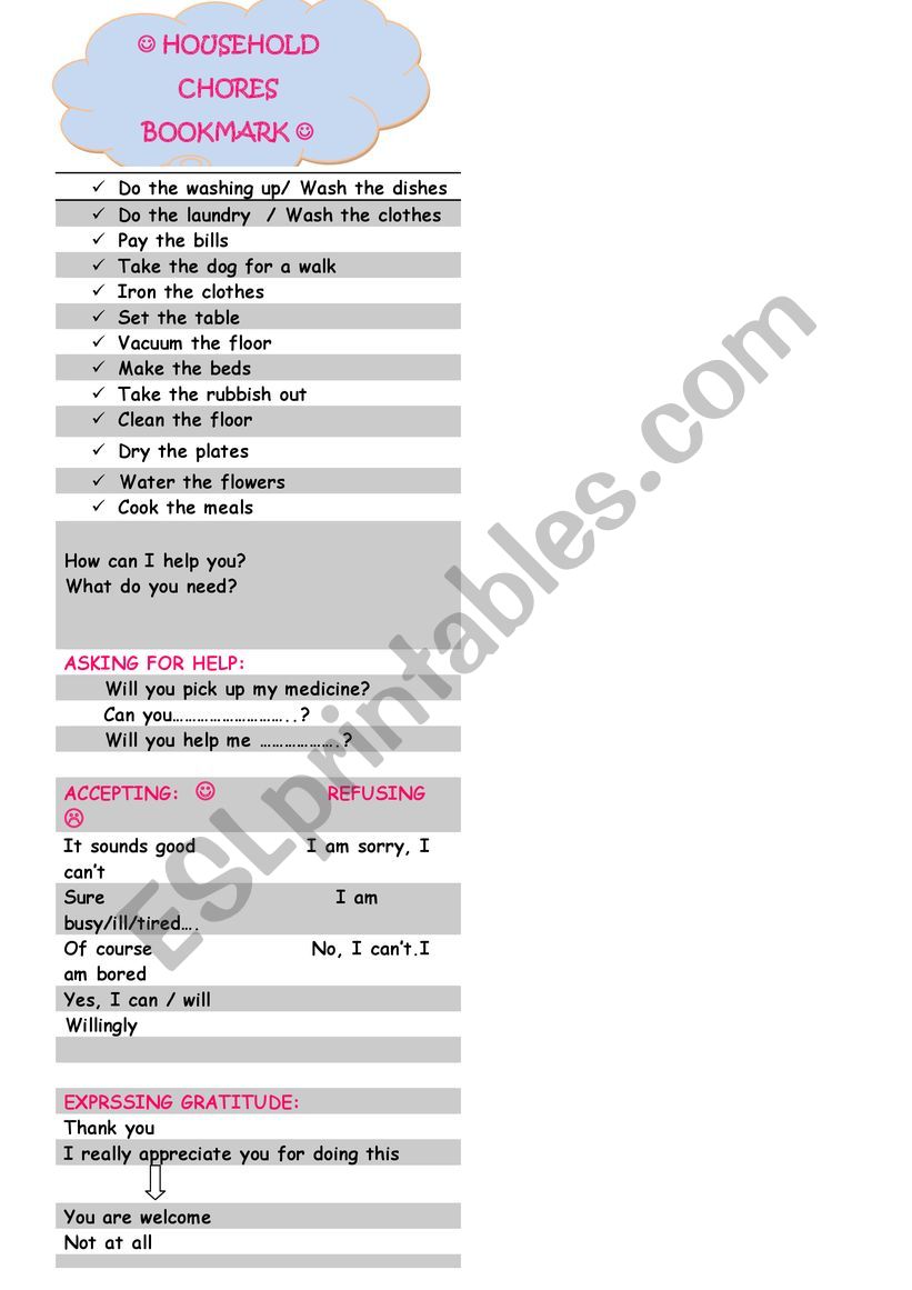 HOUSEHOLD CHORES BOOKMARK worksheet