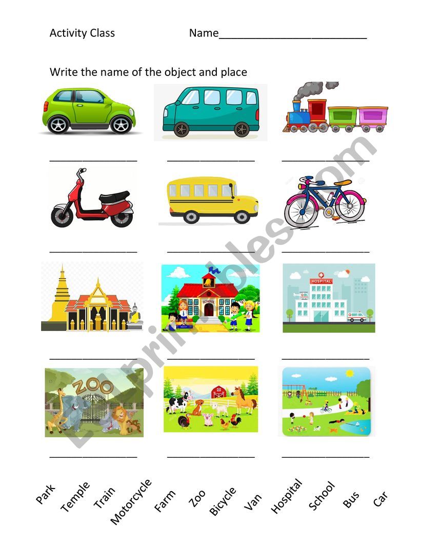 TransportaciÃ³n and places worksheet