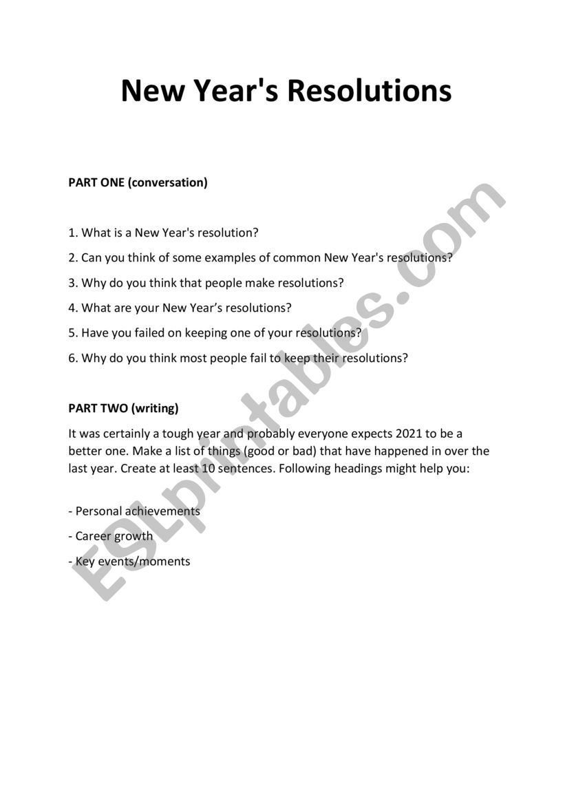New Year�s Resolutions worksheet