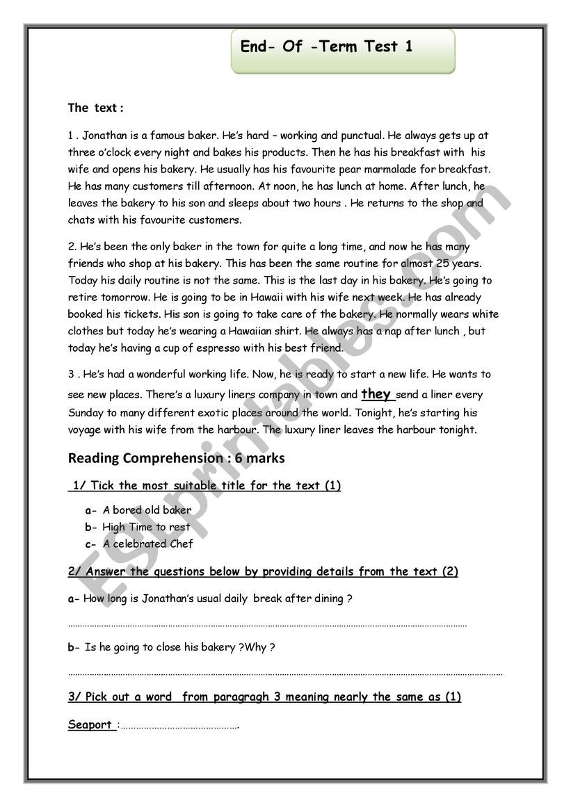 english test worksheet