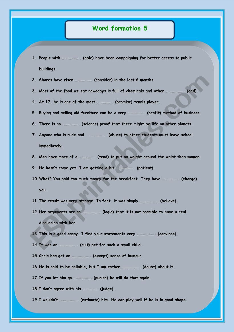 word formation 5 worksheet