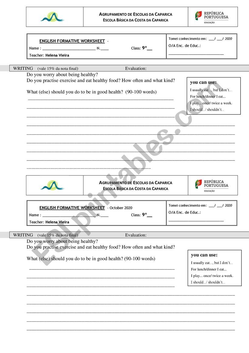 writing healthy habits worksheet