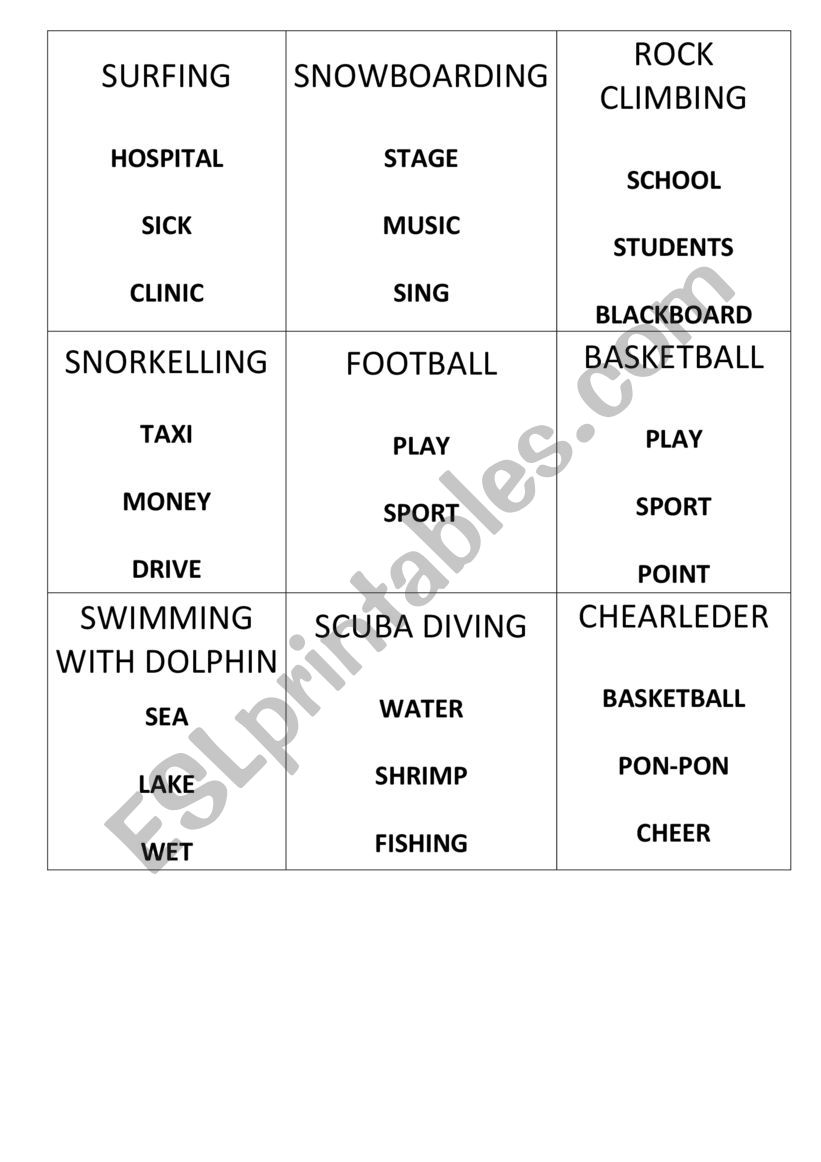 Taboo printable cards for esl students