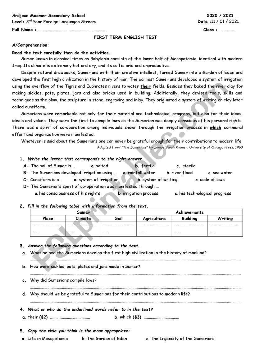 Sumerian civilization worksheet