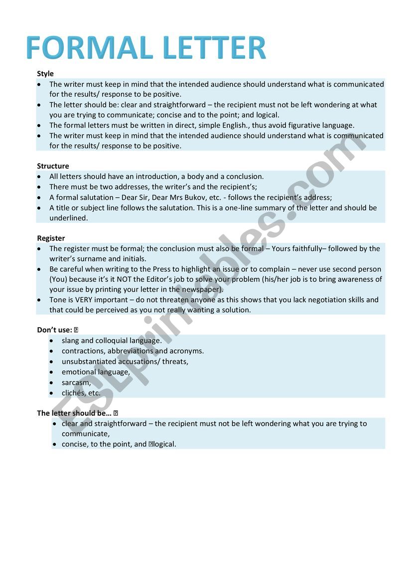 Formal Letter worksheet