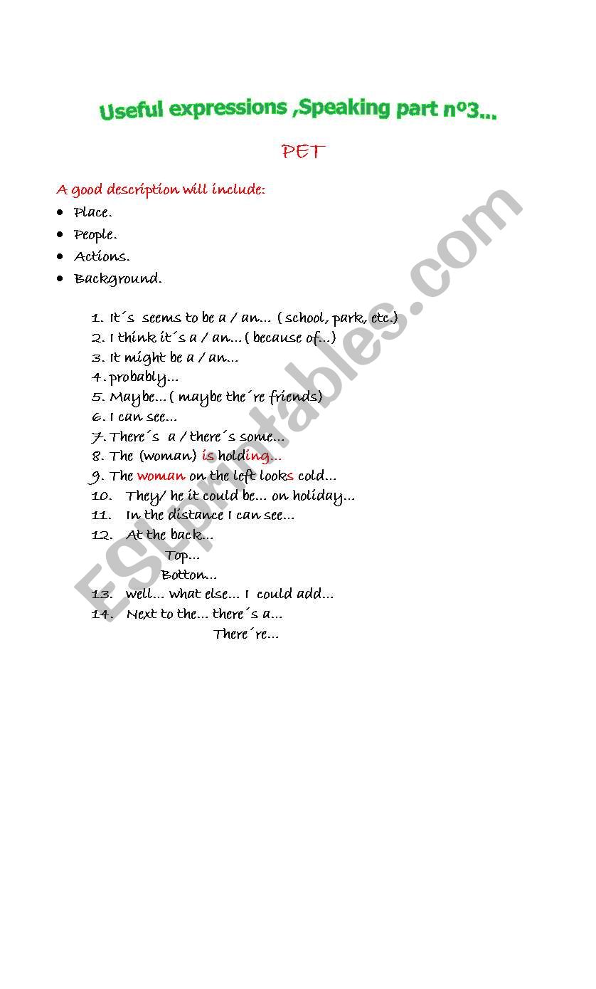 SPEAKING   (PET) worksheet