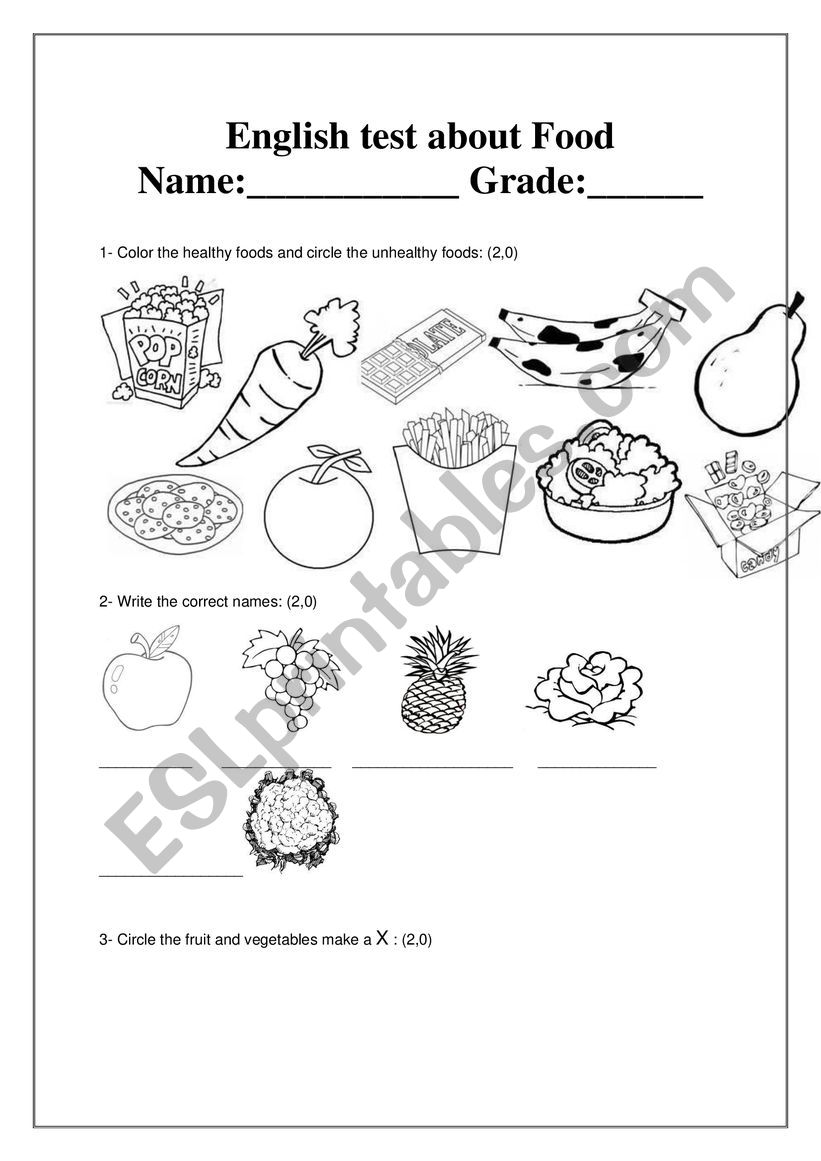 ENGLISG TEST ABOUT FOOD worksheet
