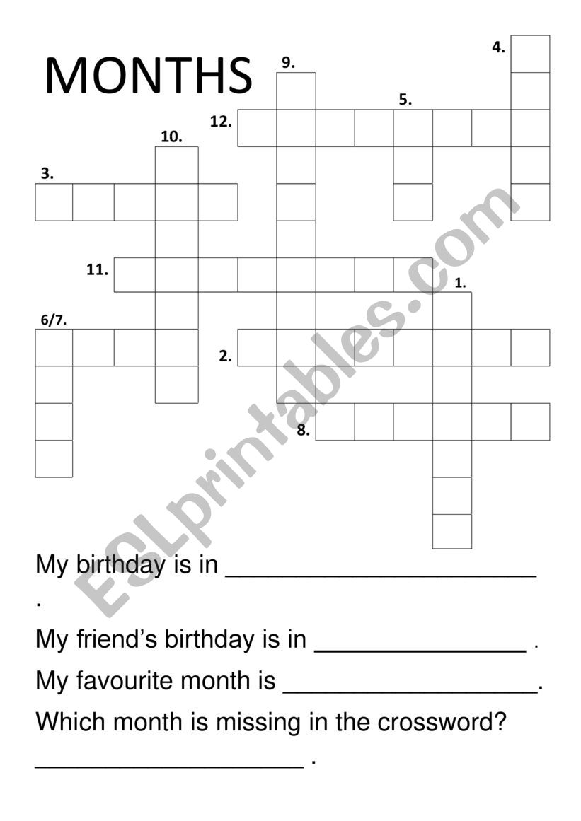 Months Crossword worksheet