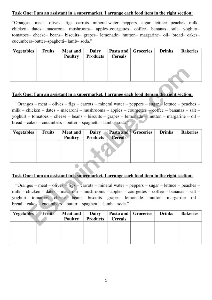classification of food worksheet