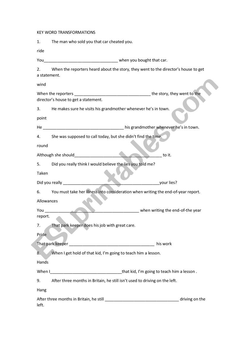 CPE KEY WORD TRANSFORMATIONS worksheet