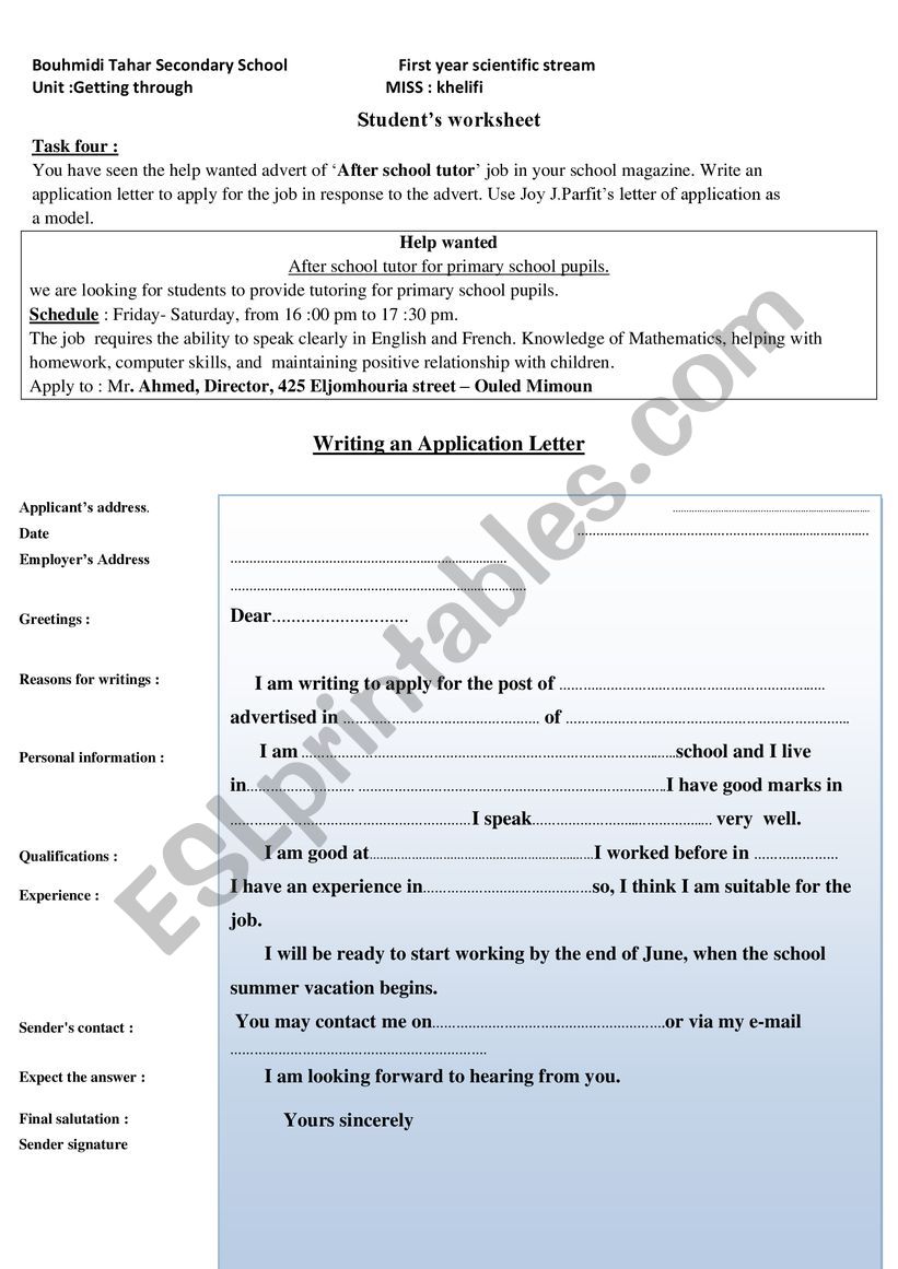 Application letter lay out worksheet