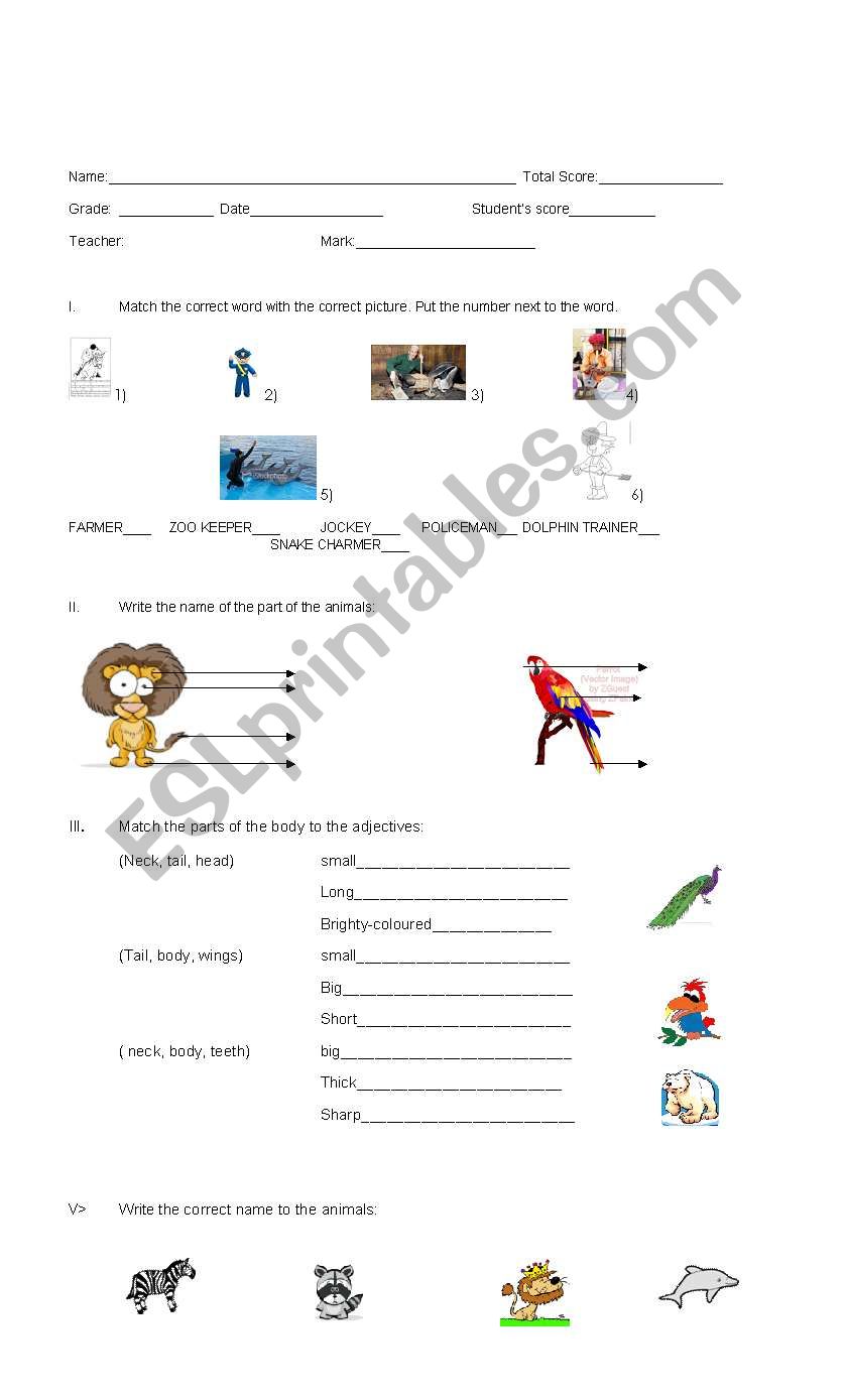 Parts of the animals worksheet