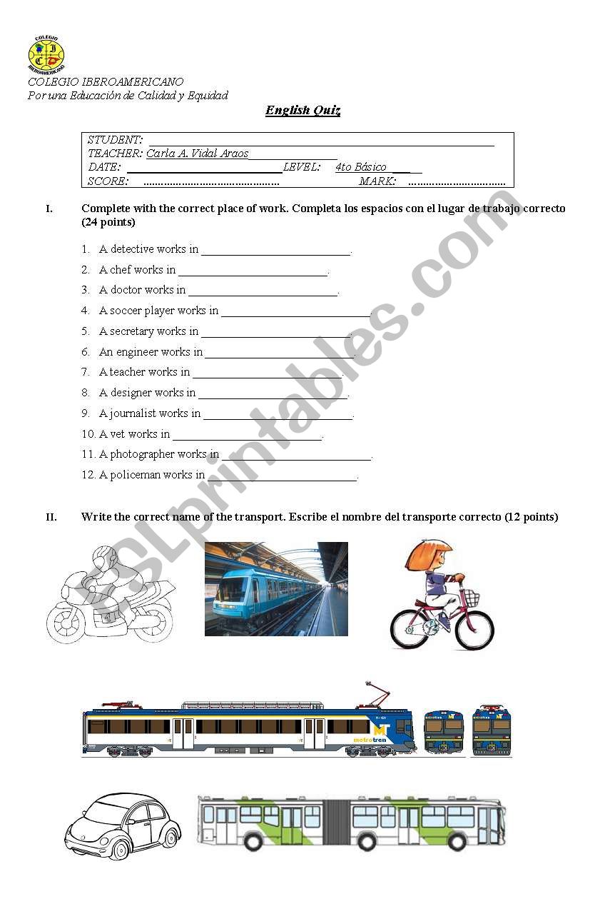 Professions and transportation test
