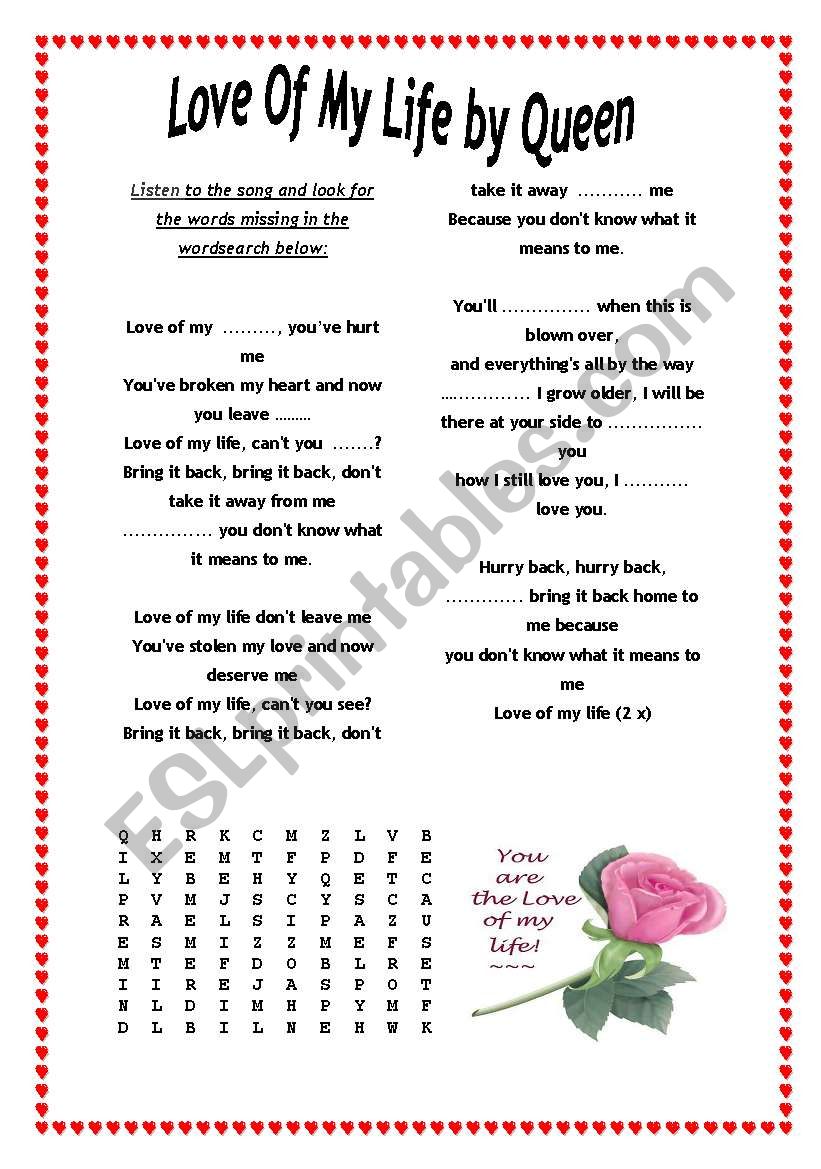 LOVE OF MY LIFE BY QUEEN -SONG FOR BEGINNERS - ESL worksheet by