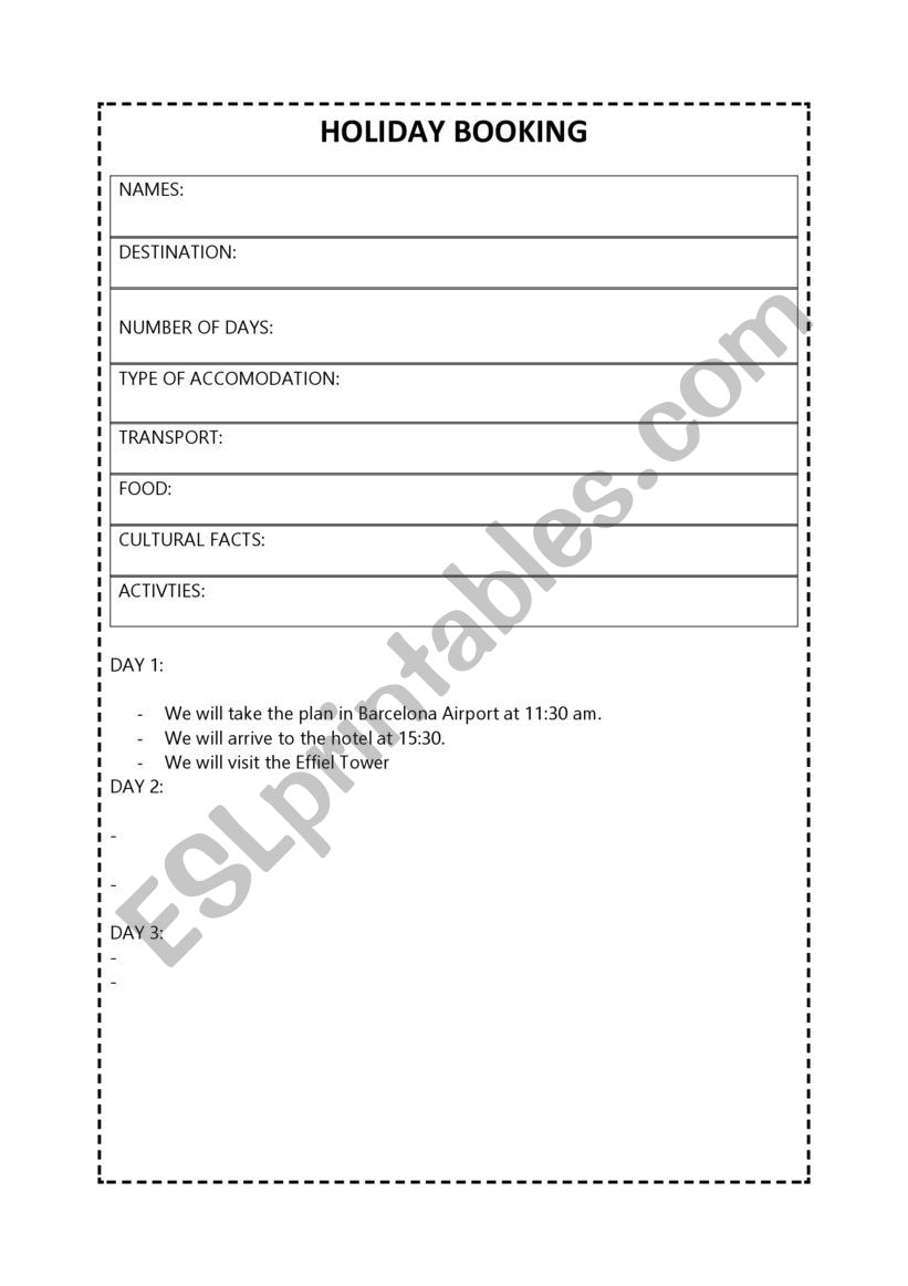 Holiday Booking worksheet