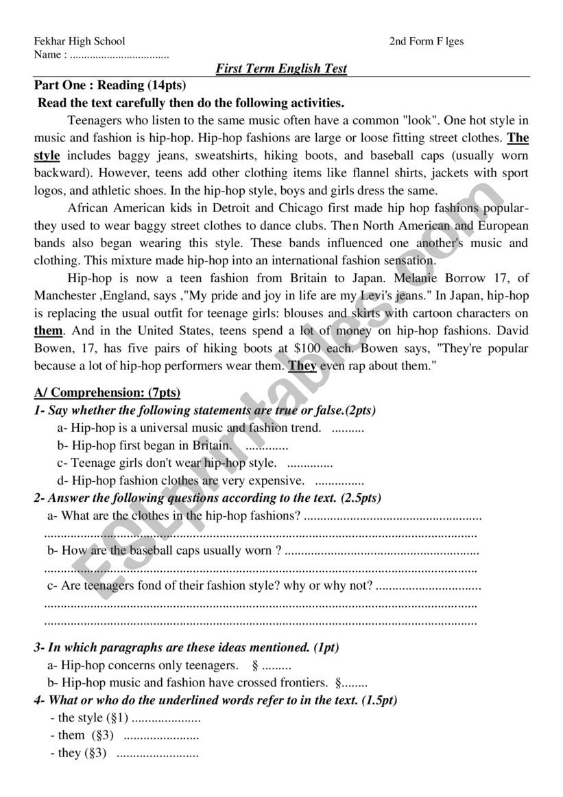 hip hop fashion worksheet