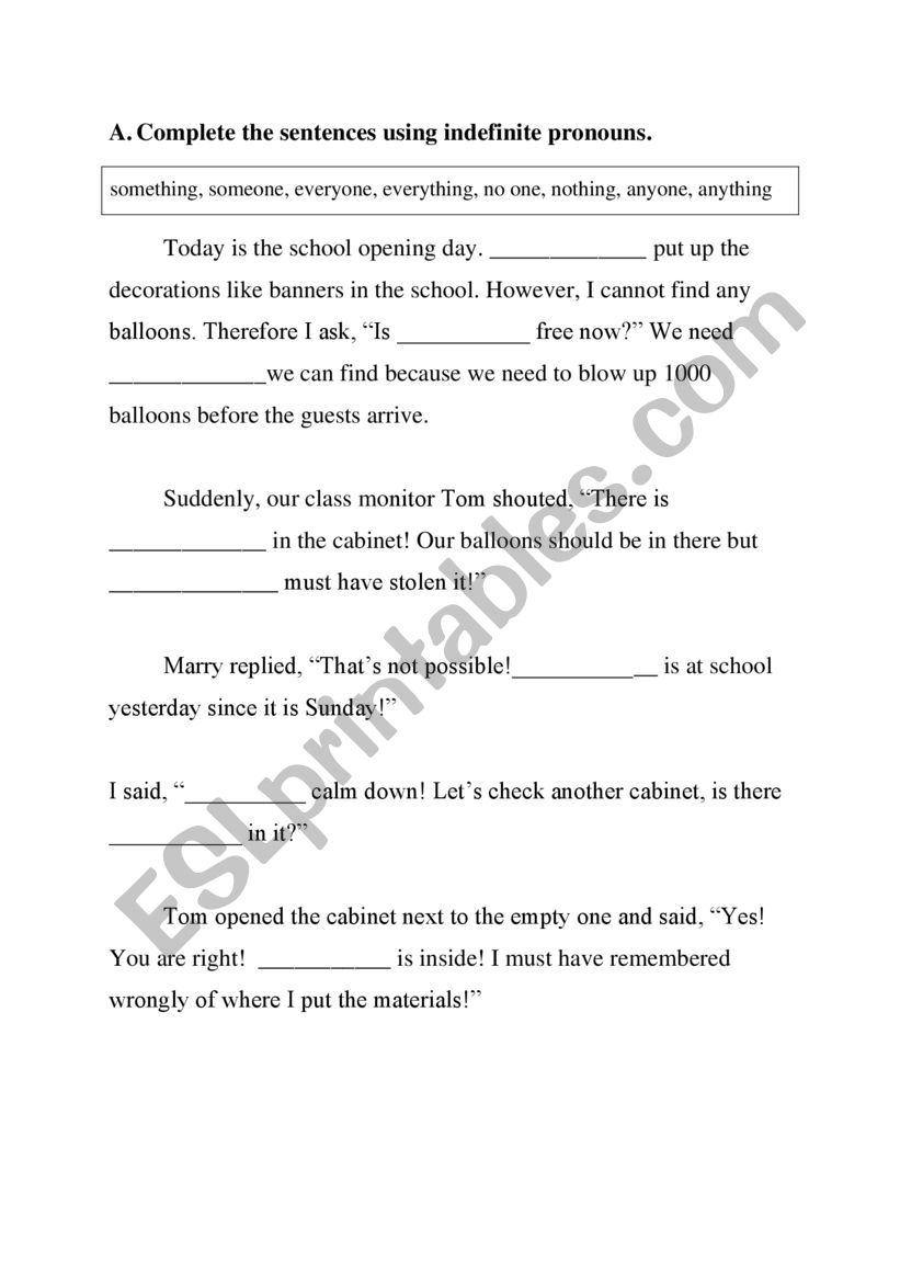 Indefinite pronouns worksheet