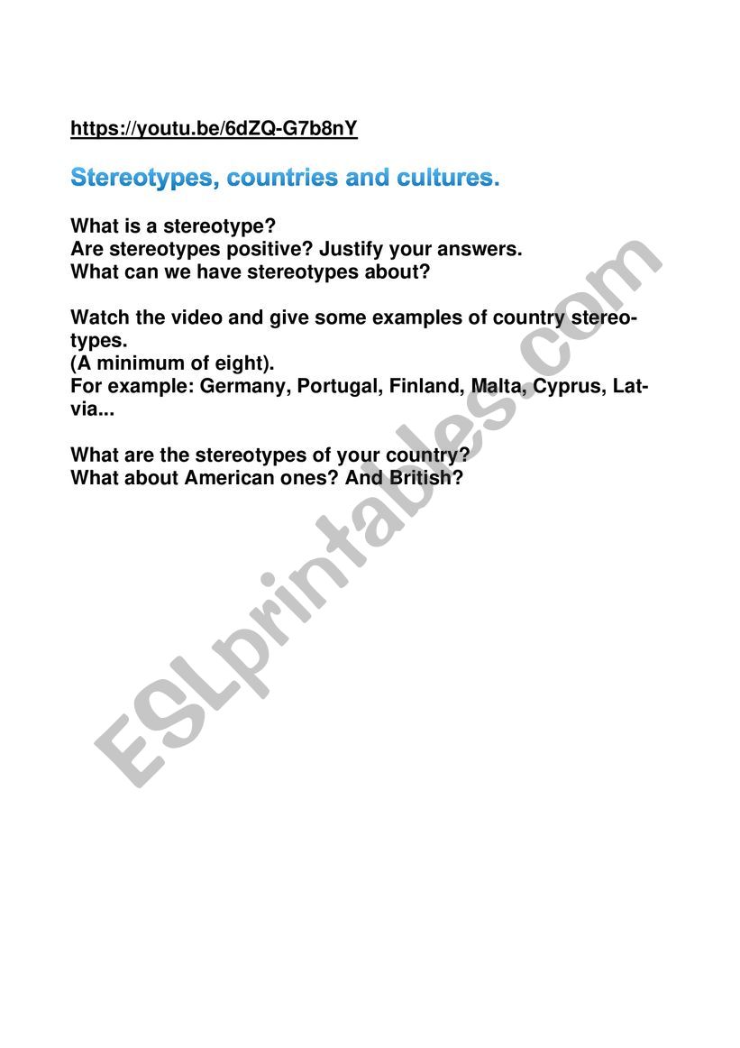 Countries stereotypes  worksheet