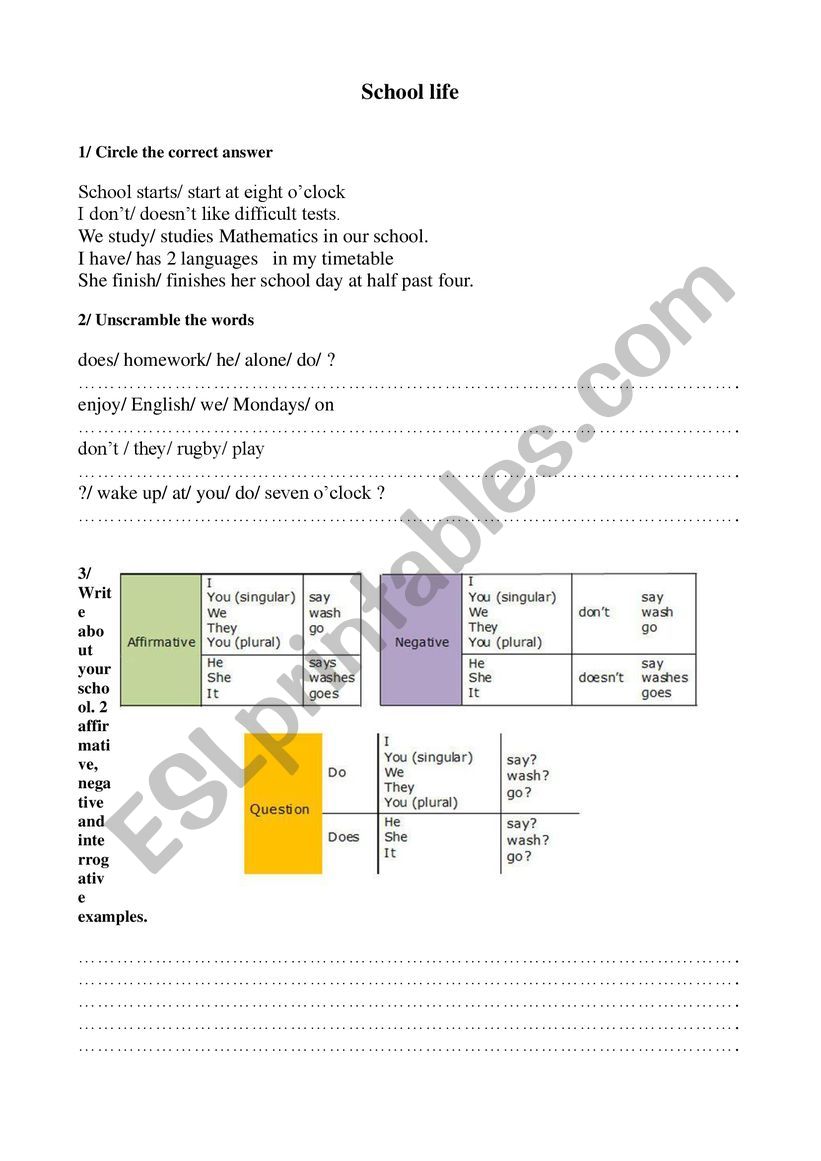 school life simple present worksheet