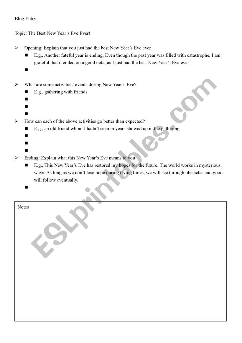 How to write a blog entry worksheet