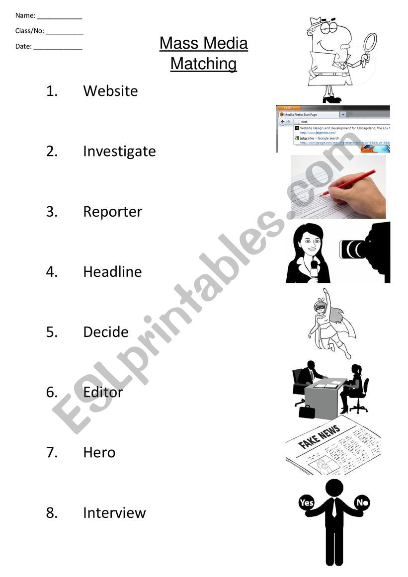 Mass Media Matching worksheet