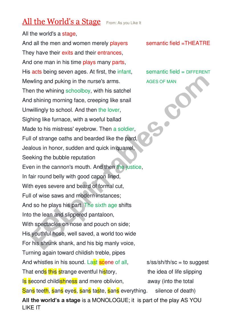 All the world’s a stage worksheet