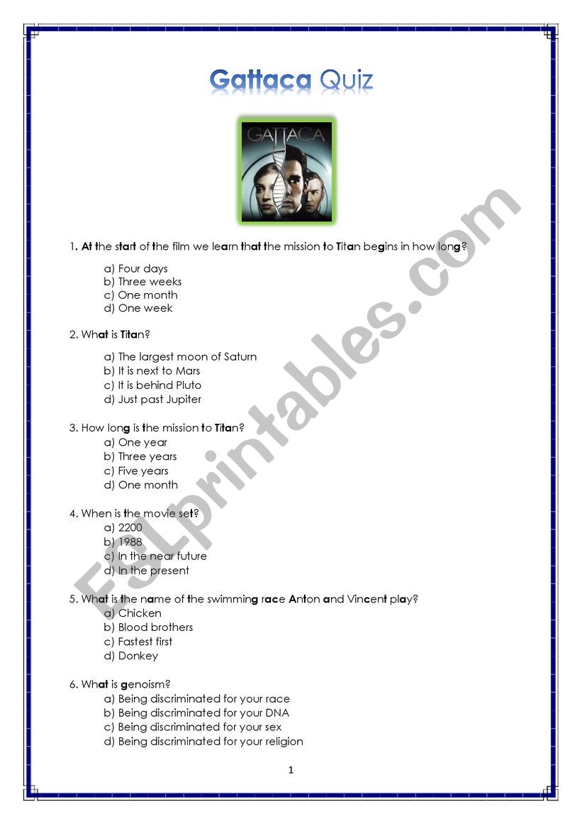 Gattaca Movie Quiz worksheet