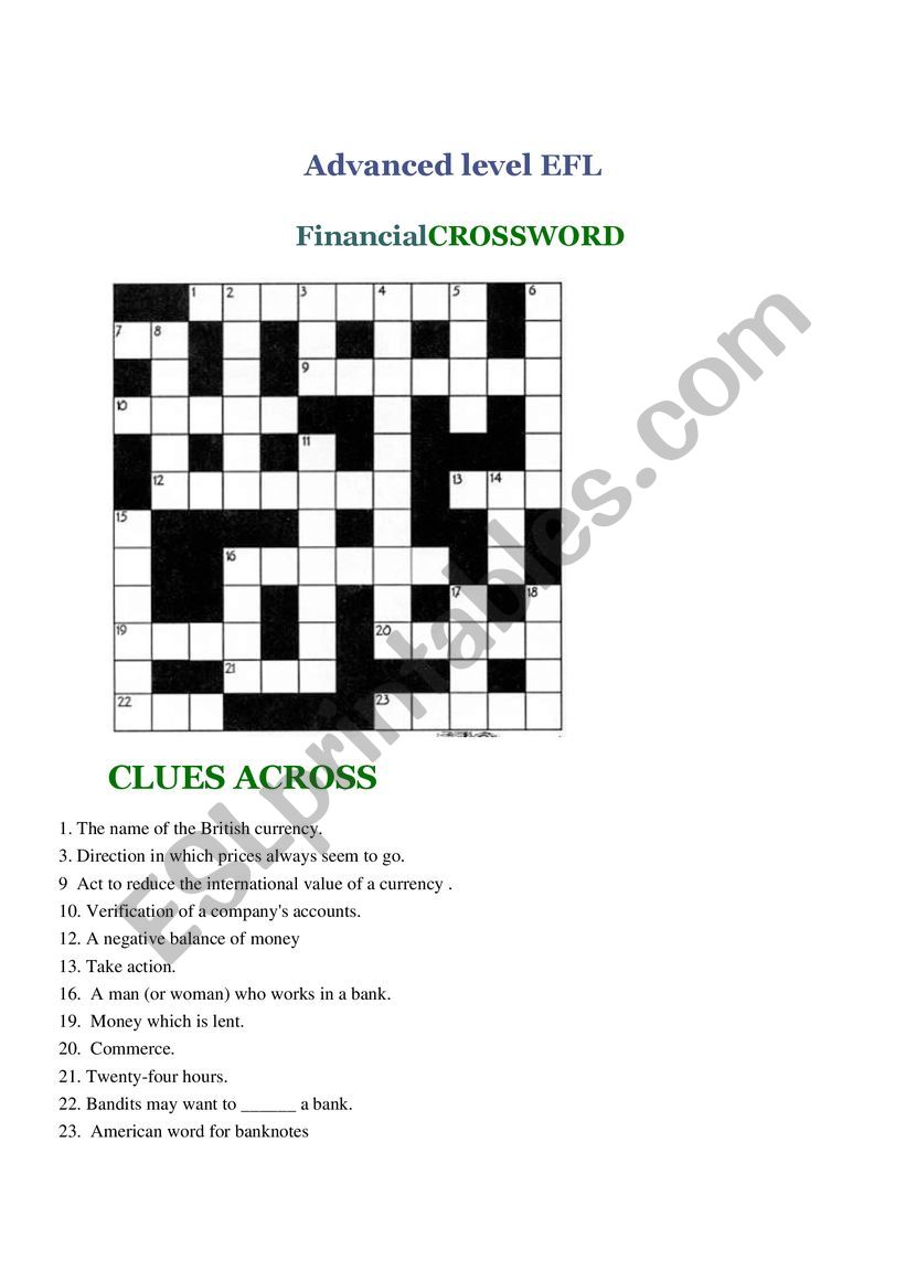 CROSS WORDS FINANCIAL ENGLISH worksheet