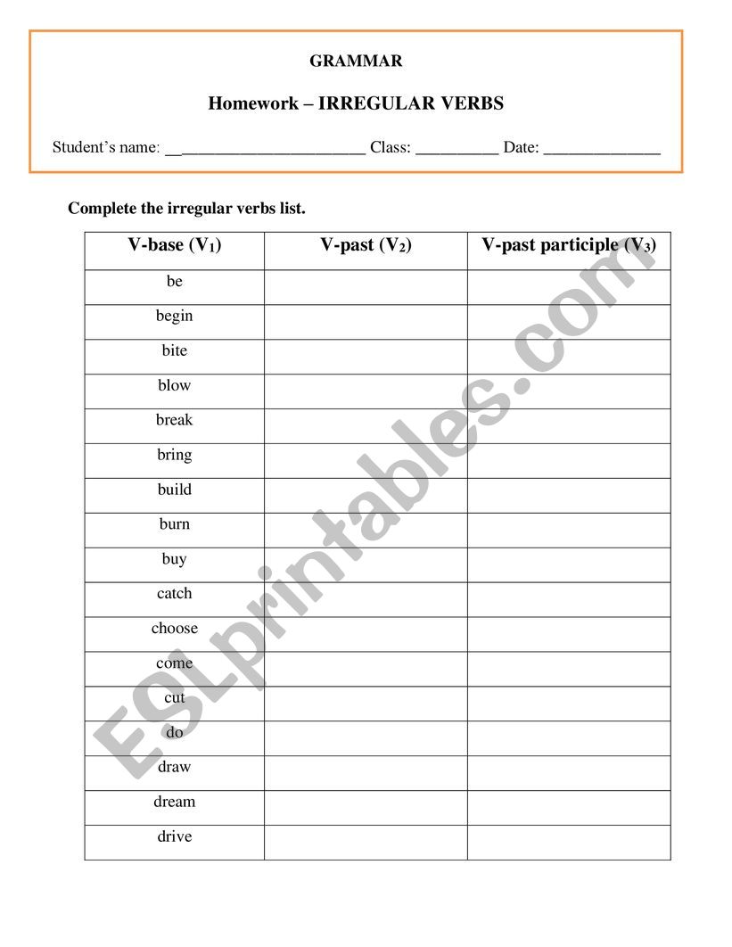 IRREGULAR VERBS  worksheet