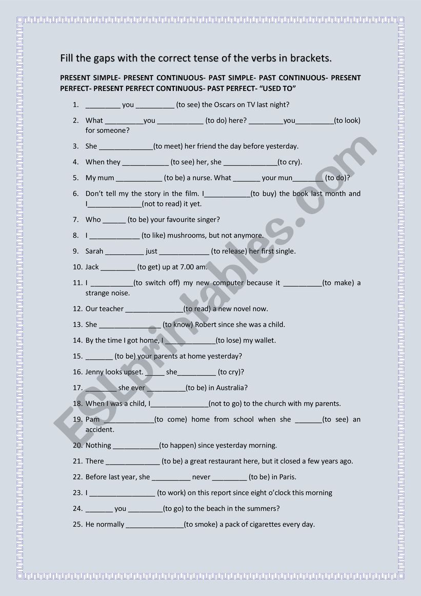 Sentences verb tense worksheet