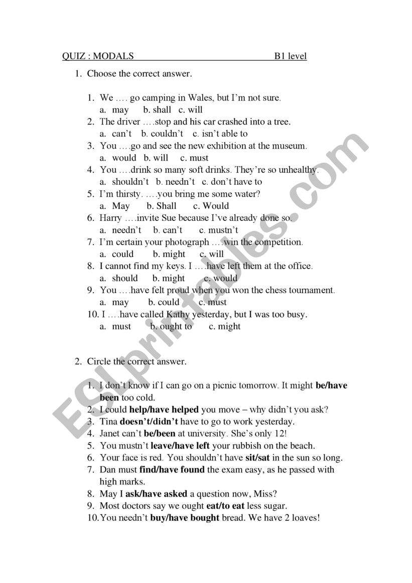Modals Quiz  worksheet