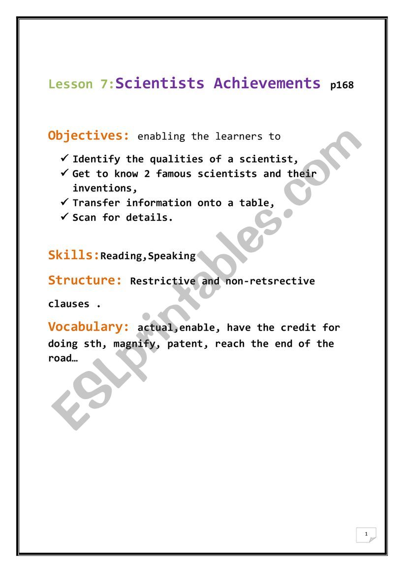 Scientist�s Achievements worksheet