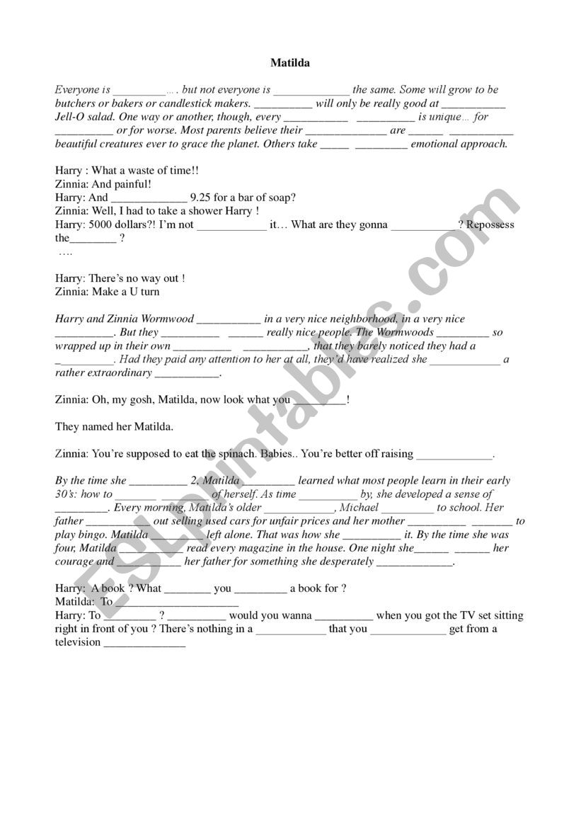 Movie matilda beginning  worksheet