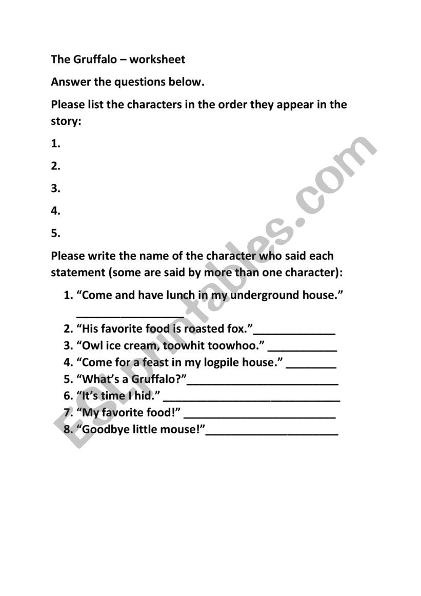 Gruffalo worksheet 1 worksheet