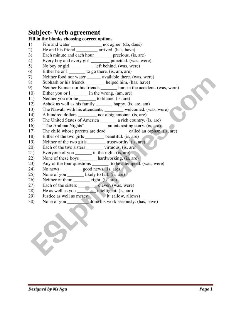 Subject Verb Agreement worksheet