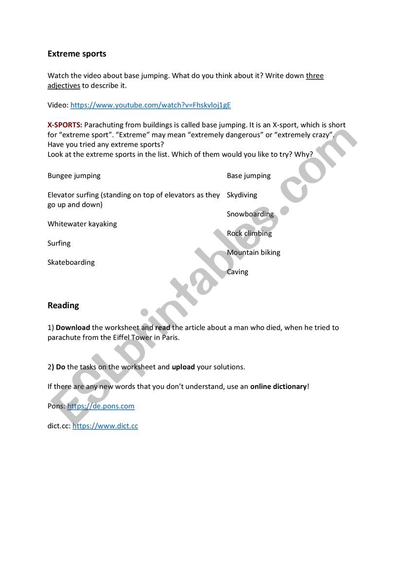 Extreme Sports worksheet