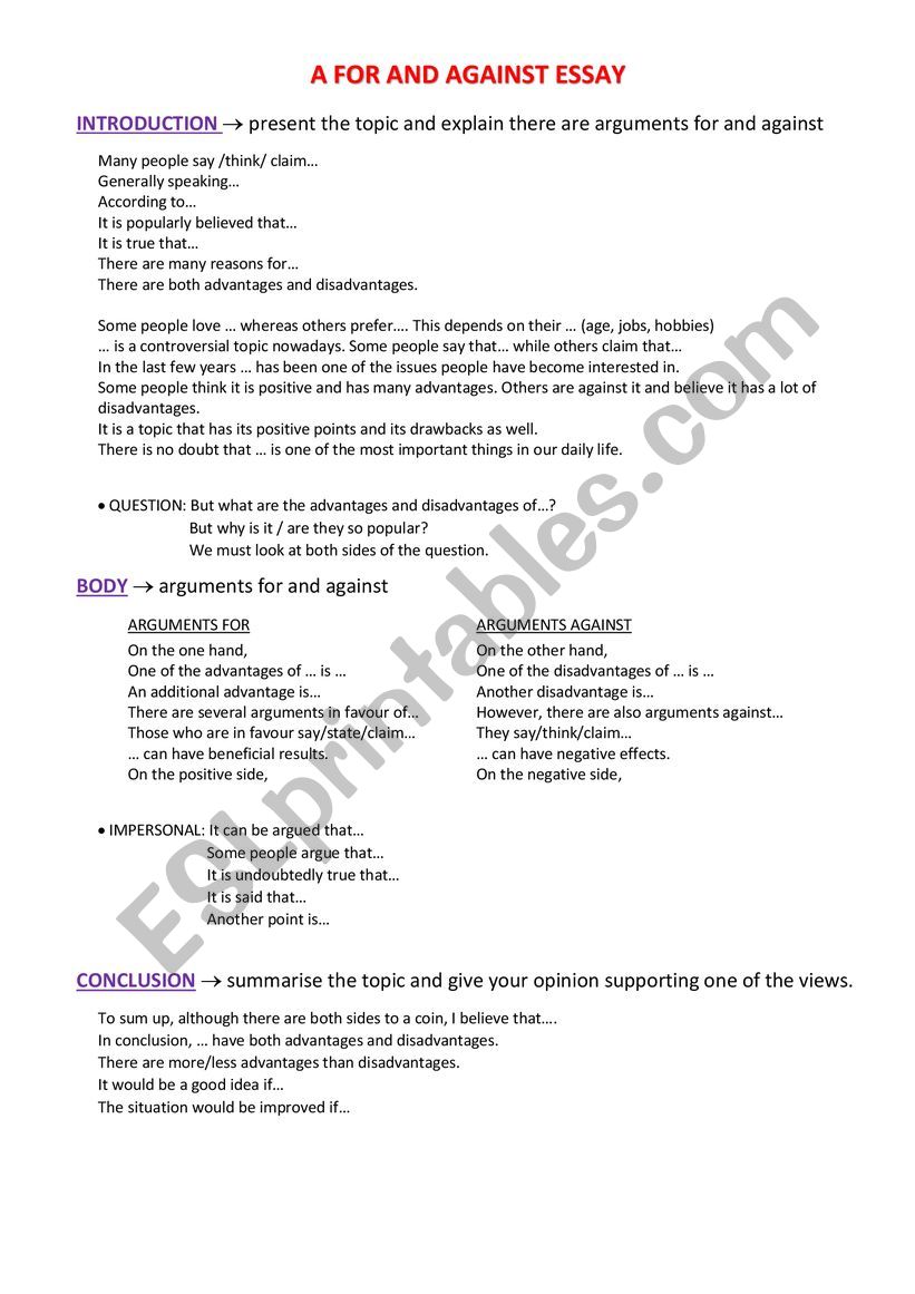A for and against essay worksheet