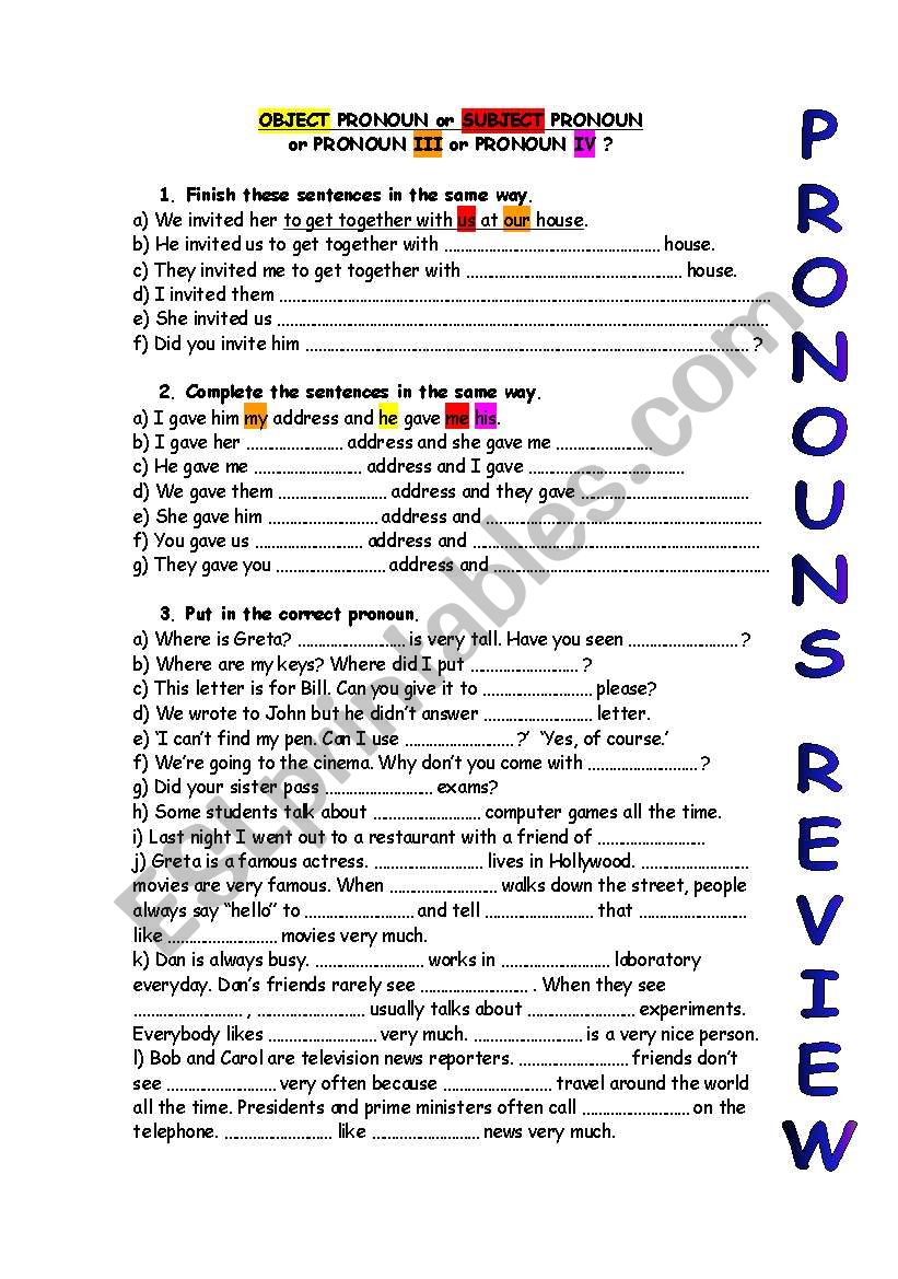 review-subject-pronouns-vs-object-pronouns-vs-possessive-pronouns-3-esl-worksheet-by-larei