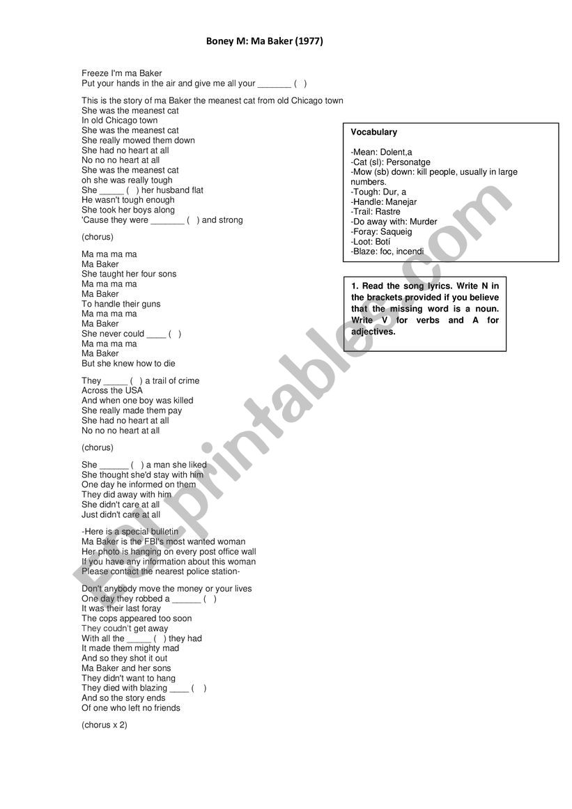 Boney M  -Ma Baker- worksheet