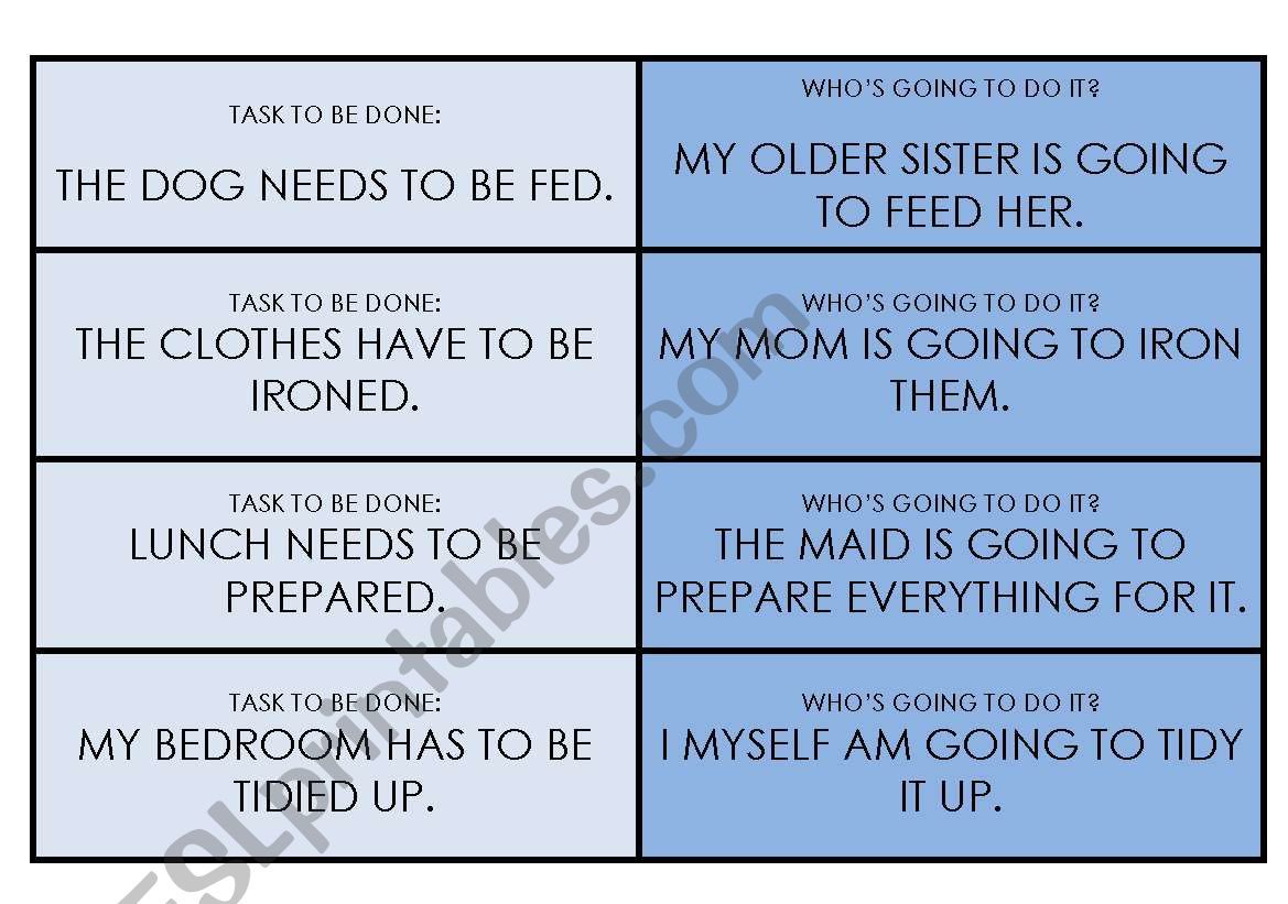 Matching Activity - Game- Passive Voice (TASKS to be done and whos going to do them)