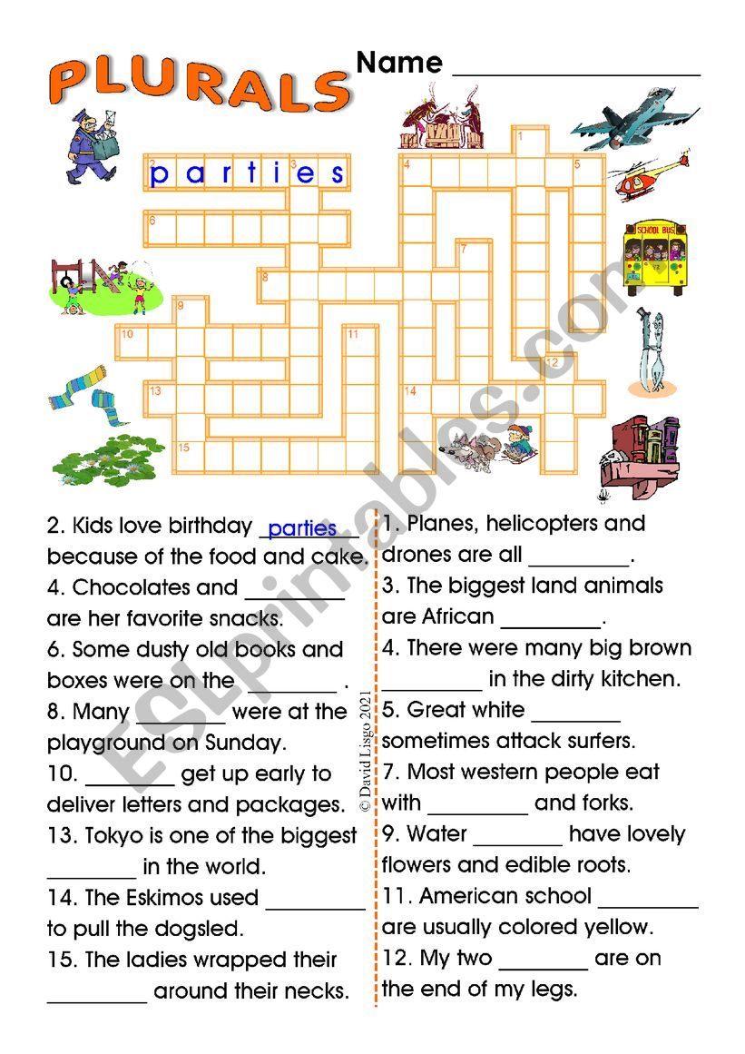 Plurals Crossword and Sentence Completion Puzzle with Key