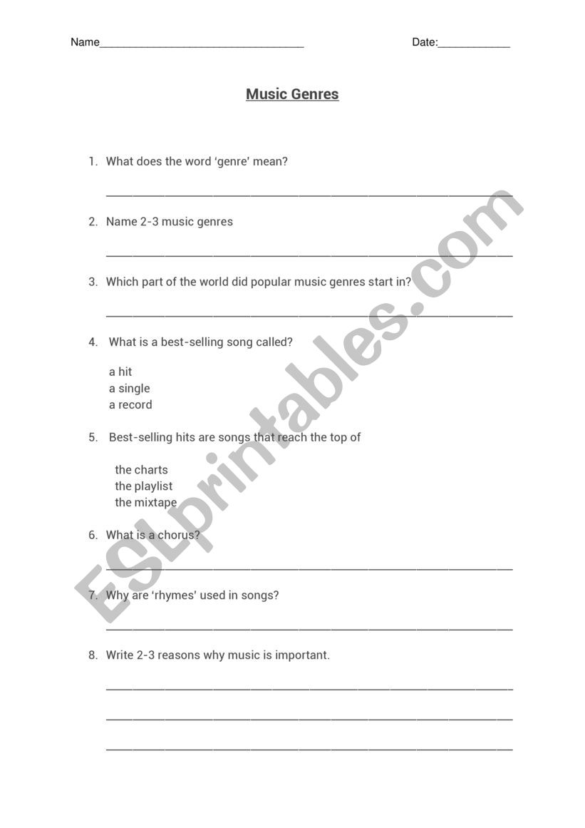 Music Genres pretest worksheet