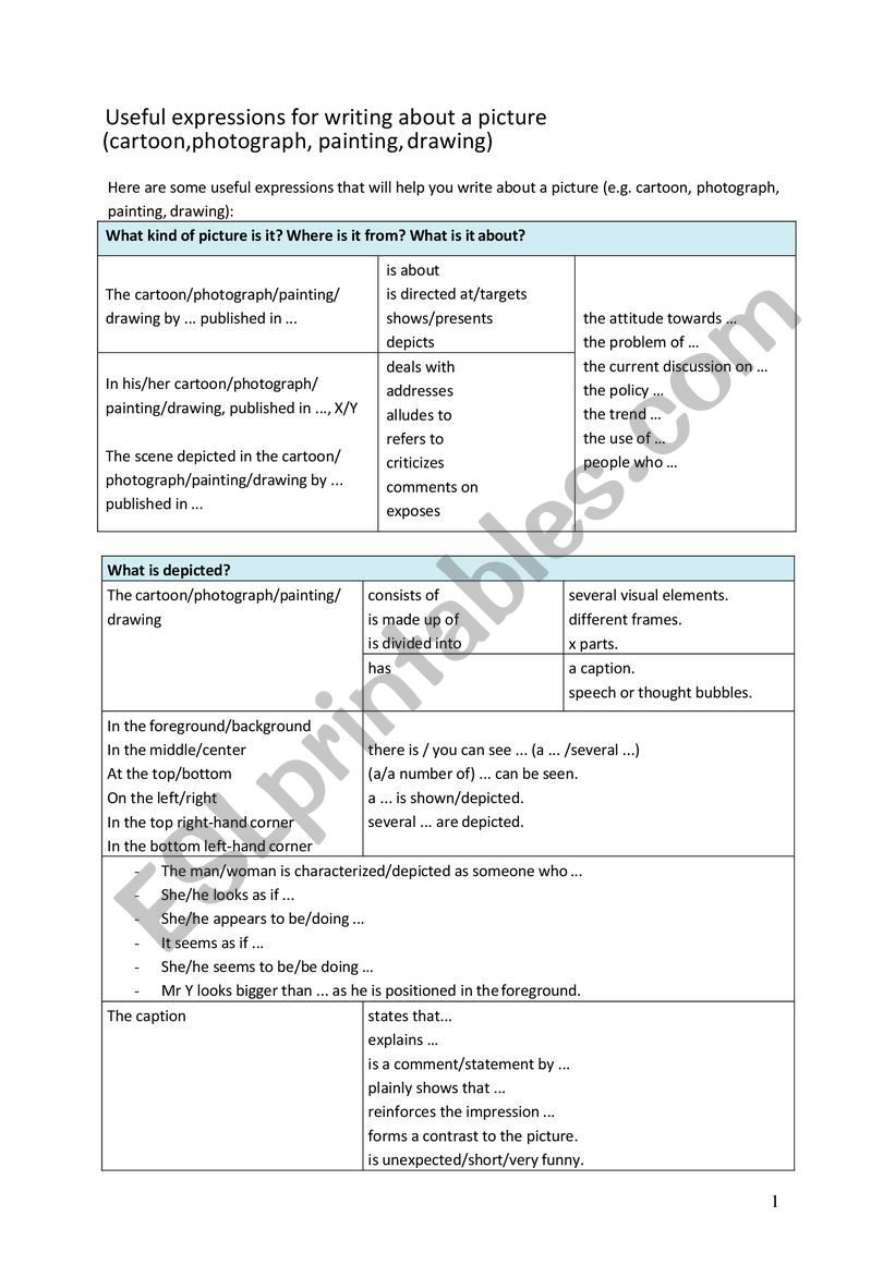Useful expressions for writing about a picture 