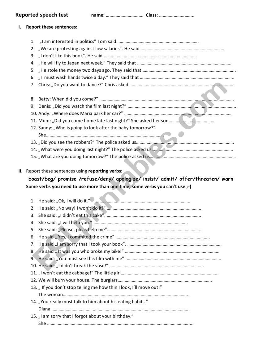 Reported speech worksheet