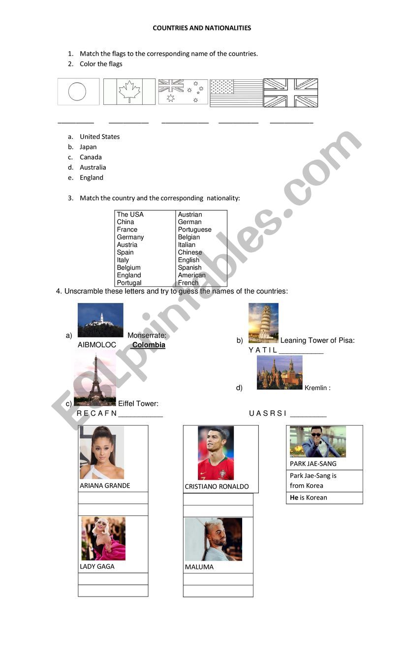 Countries and nationalities worksheet