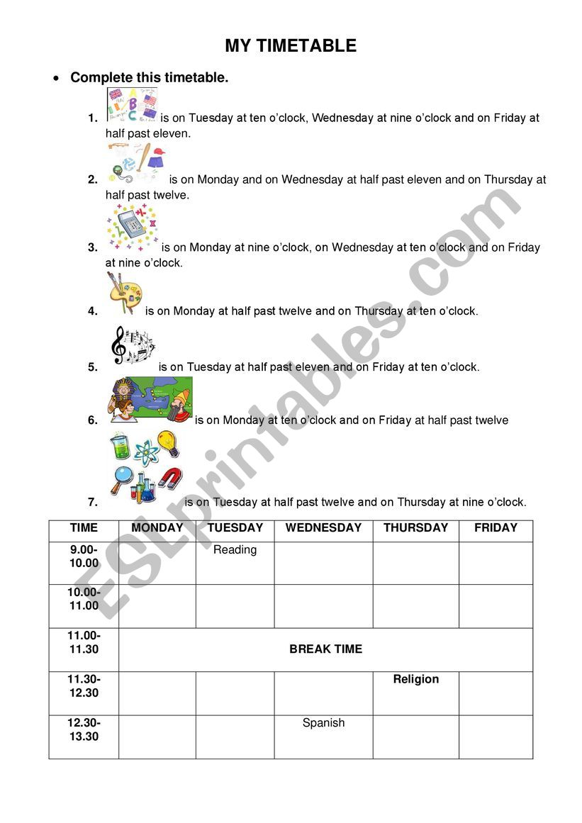 My timetable worksheet