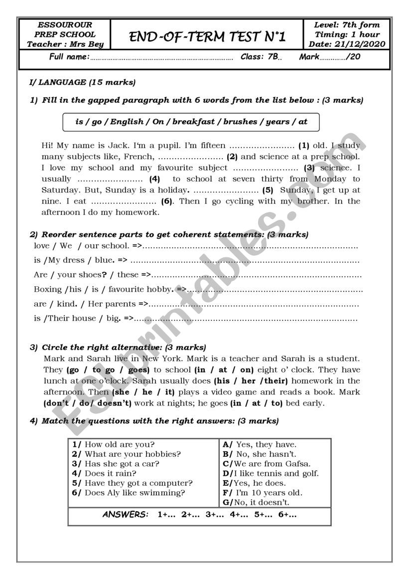 7th form global test (tunisian schools)