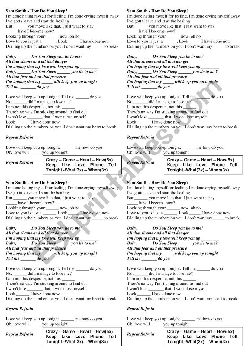 How do You Sleep? - Sam Smith worksheet